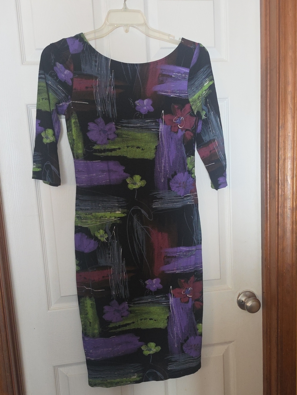 Black Floral Brushstroke Sheath Dress with Purple & Green Accents